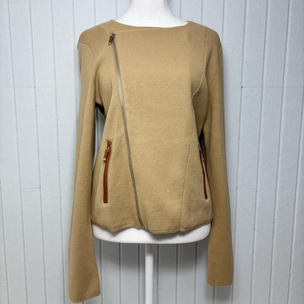 Lauren Ralph Lauren Tan Angle Zip Jacket With‎ Faux Leather Details Size PL NEW